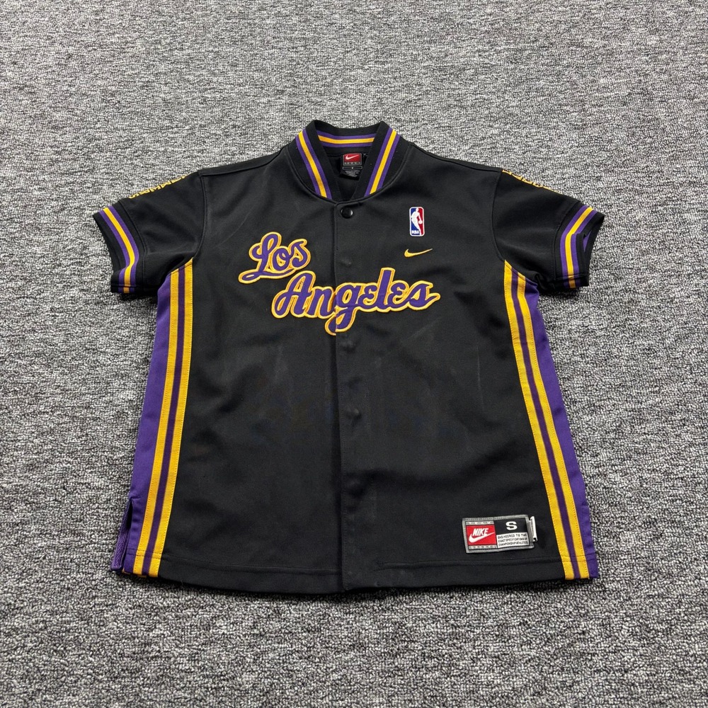 Vintage 2000s Nike Lakers Warm Up Button Up Black Jersey Shirt Kids Small